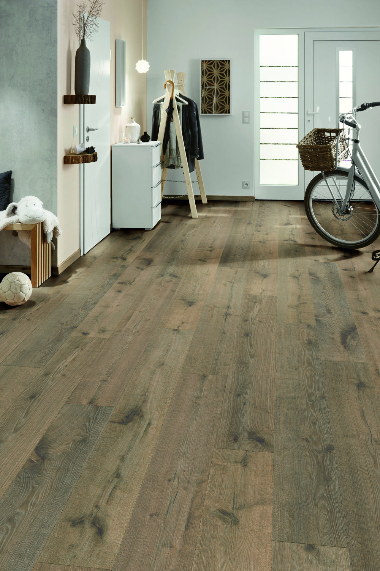 Kaasaegne esik puidust põrandaga ja jalgrattaga sisenemas