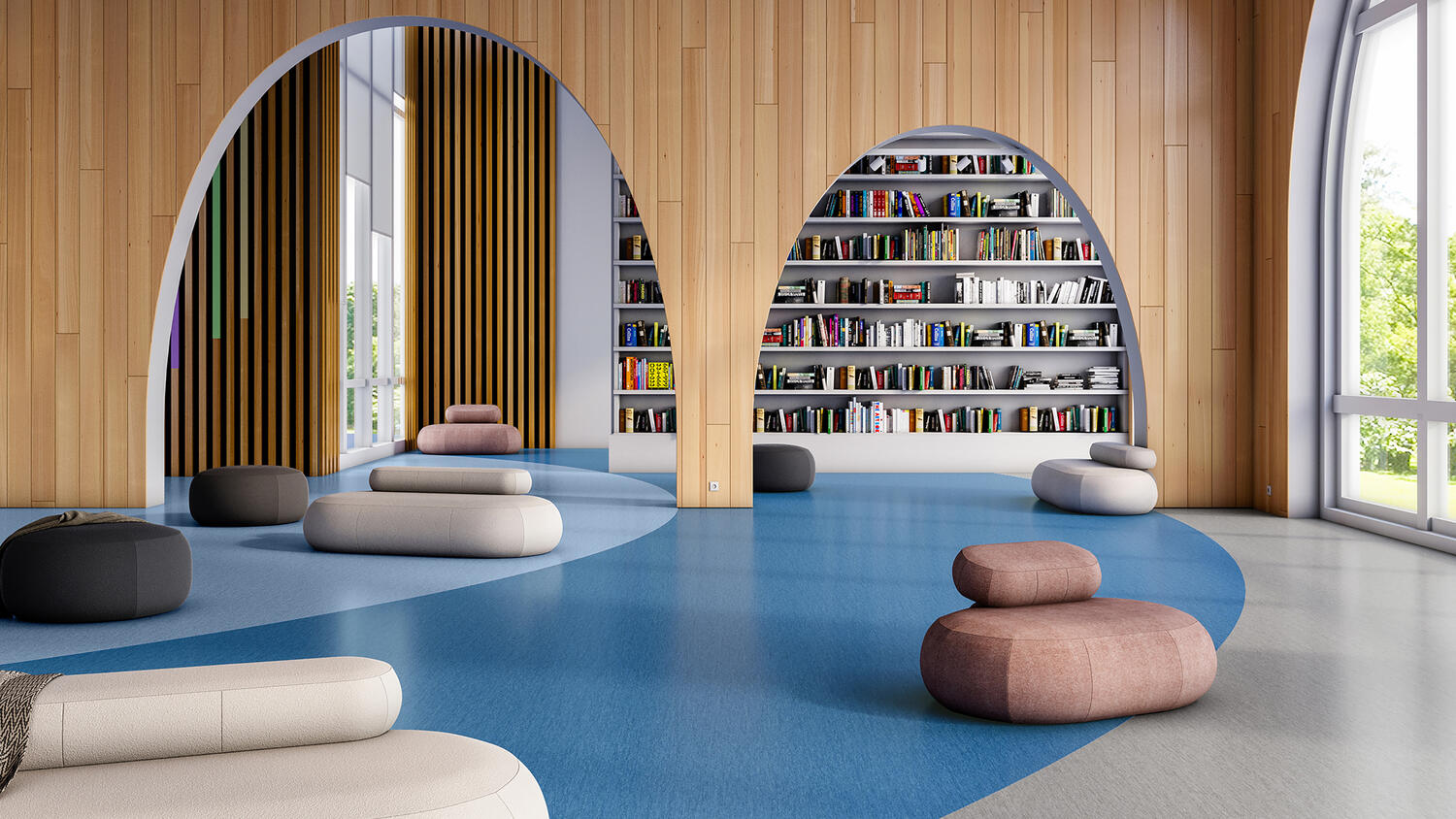 Kaasaegne raamatukogu sisekujundus kaared ja riiulid