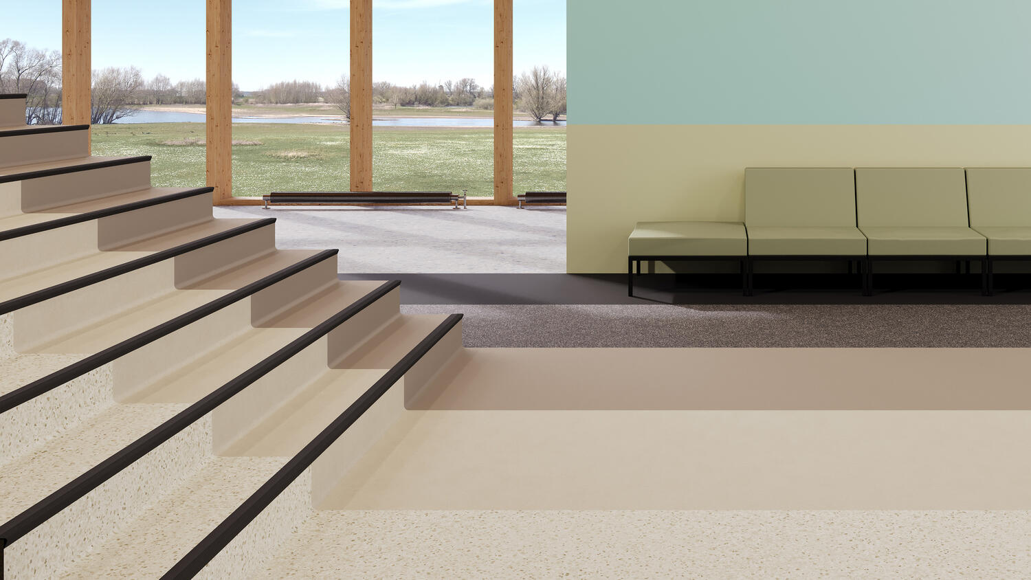 Kaasaegne interjöör treppide ja maastikuvaatega