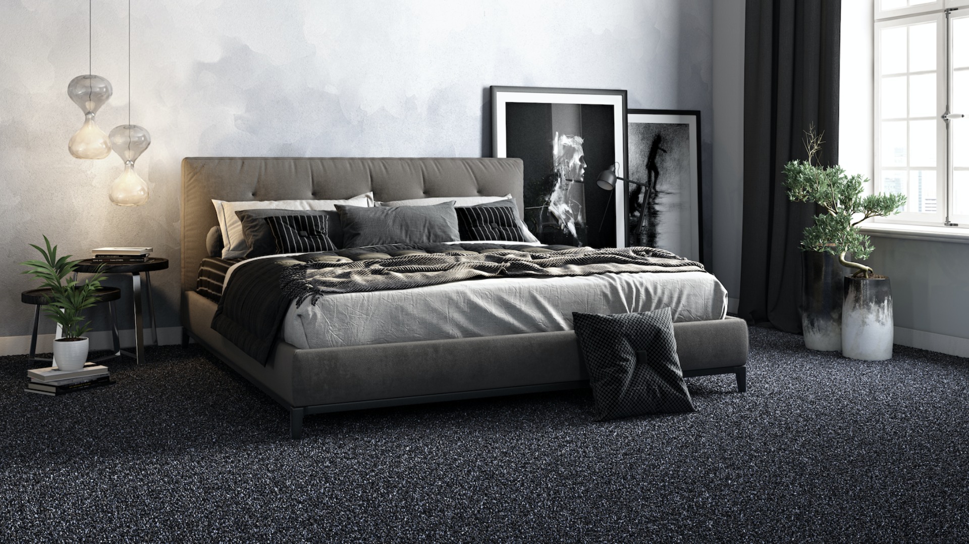 Moodne ja stiilne magamistuba tumehallis värvitoonis.