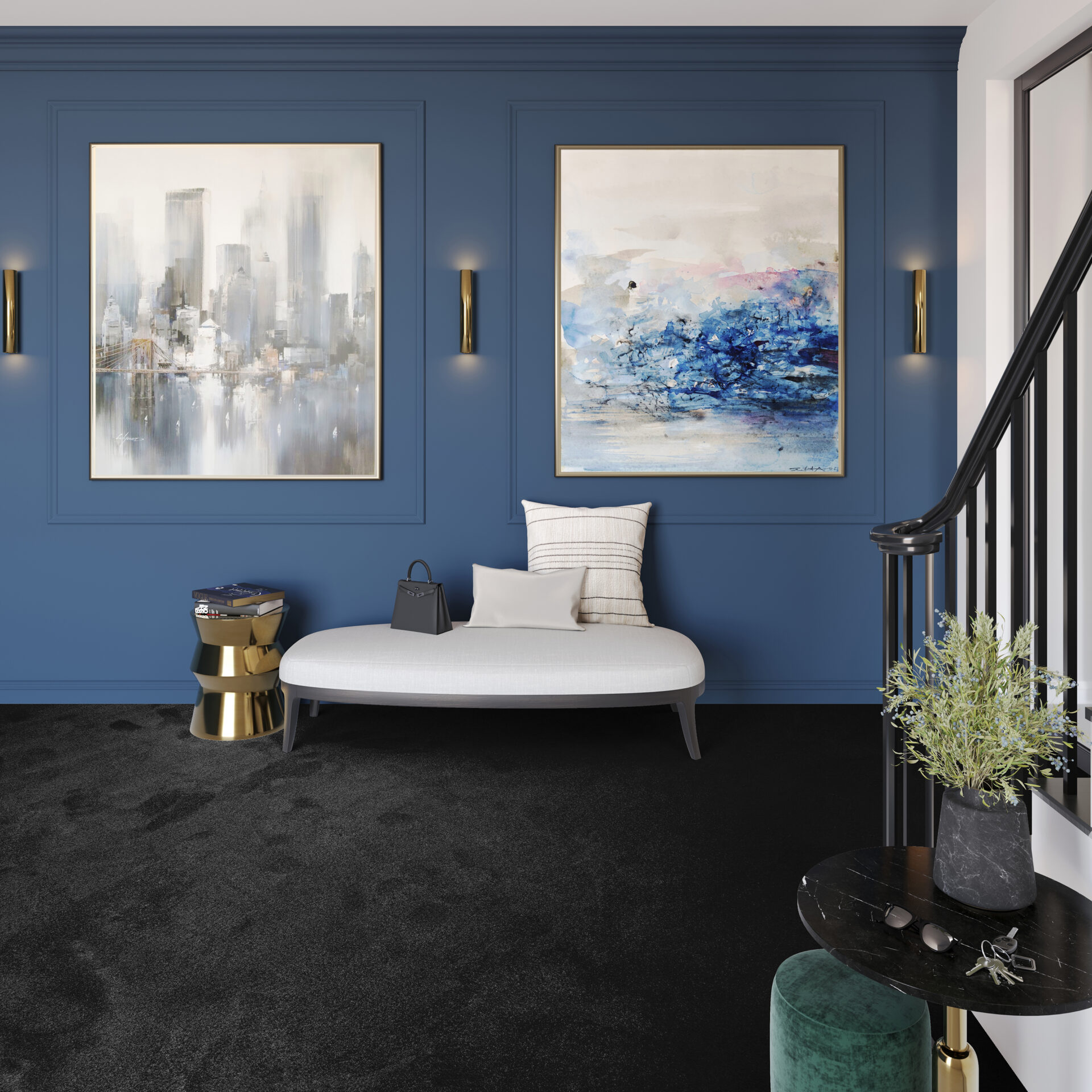 Kaunis kaasaegne sinise teemaga elutuba sisekujundus