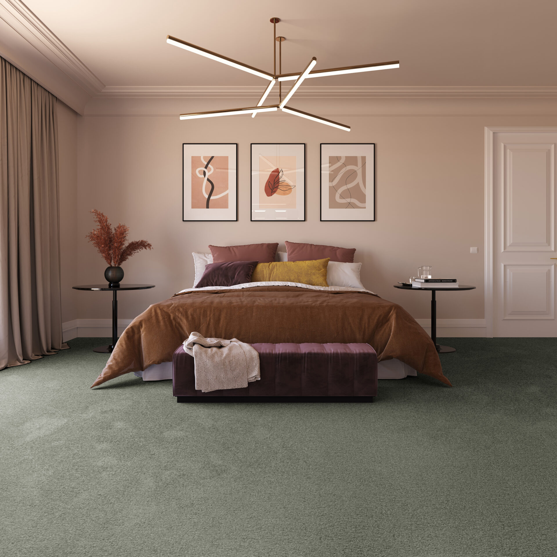 Hubane magamistuba moodsa valgustusega interjöör