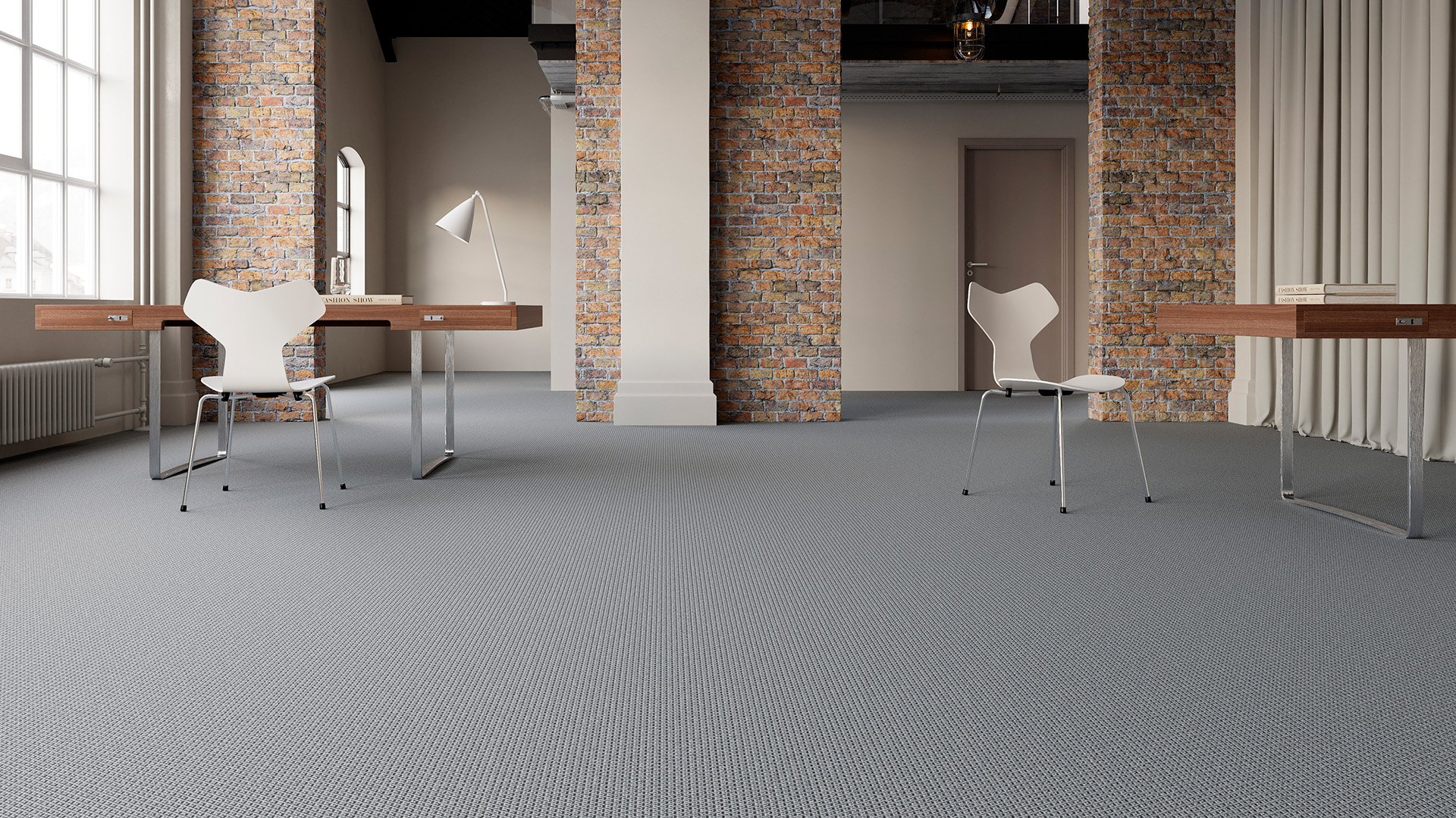 Kaasaegne avatud kontorilavoor kiviseintega ruumis