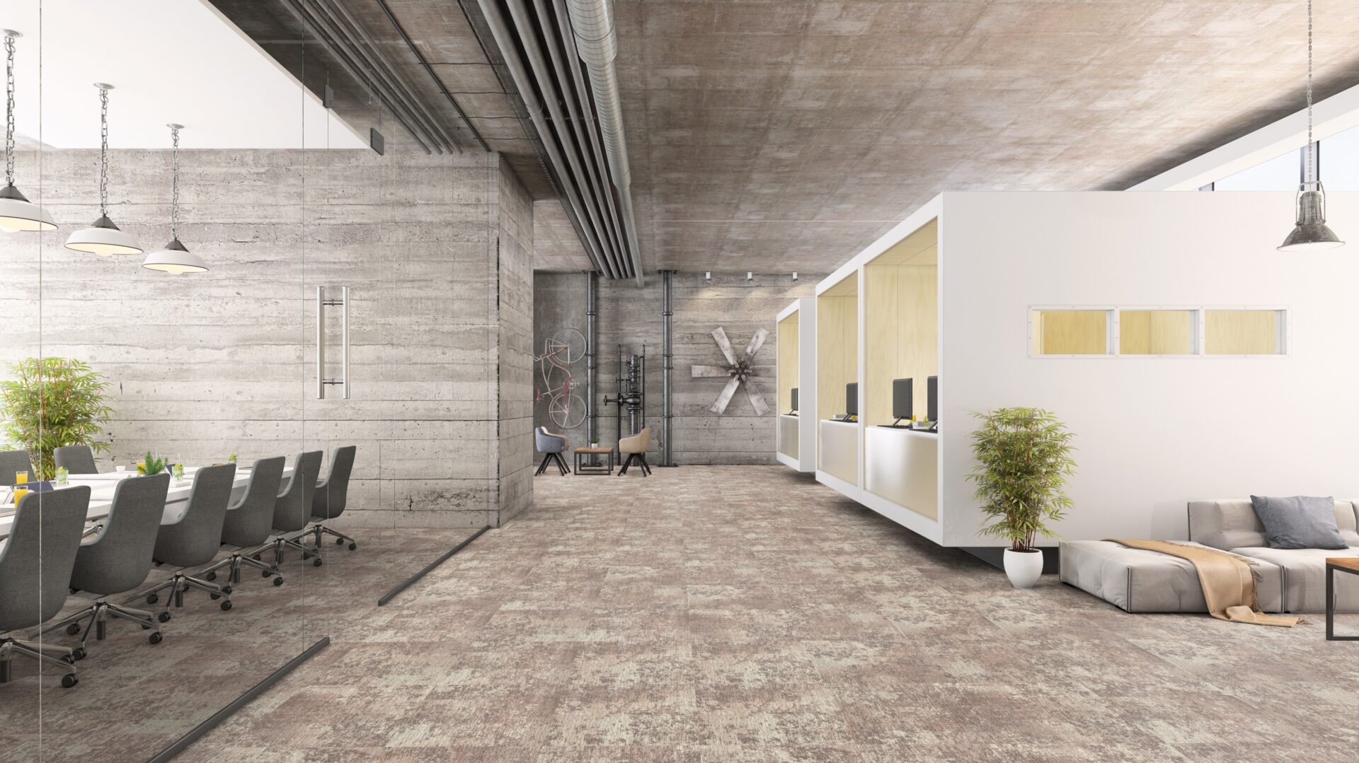 Kaasaegne avatud planeeringuga kontorisisustus neutraalsetes toonides