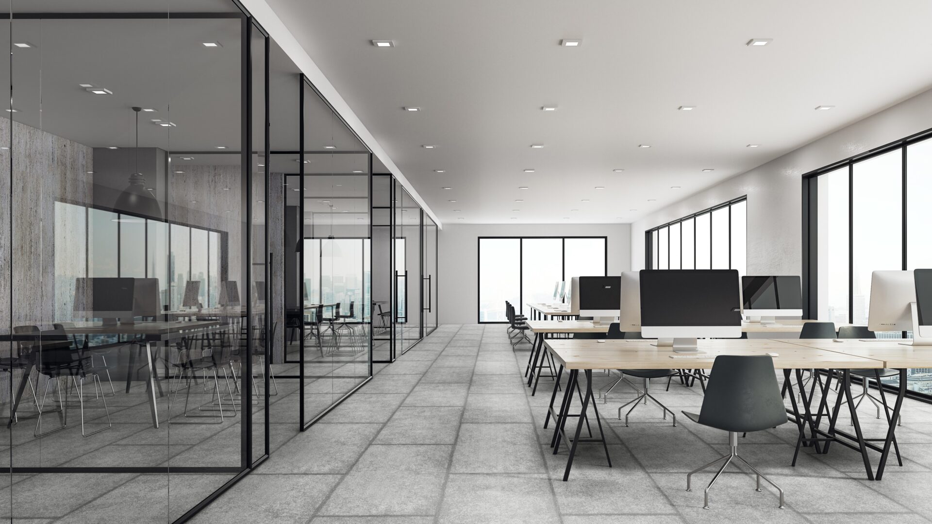 Moodne avatud kontor suure klaasseinaga ruumis