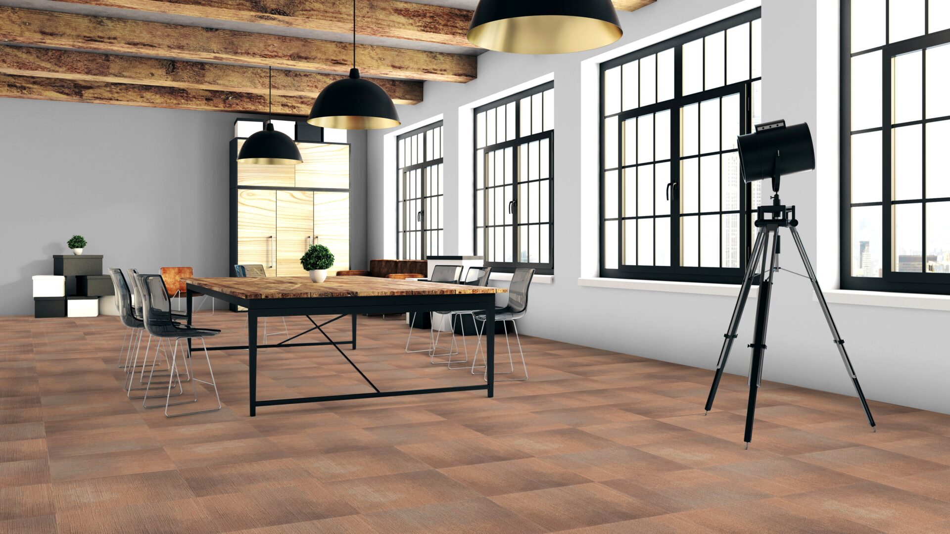 Kaasaegne avatud kontor koos lauaga ja toolidega