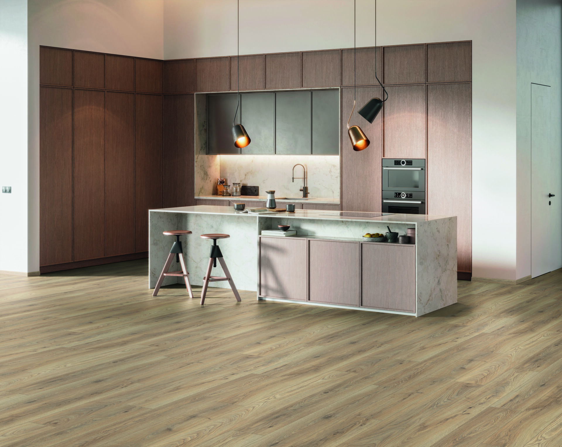 Kaasaegne köök puitpõrandaga ja minimalistlik sisekujundus