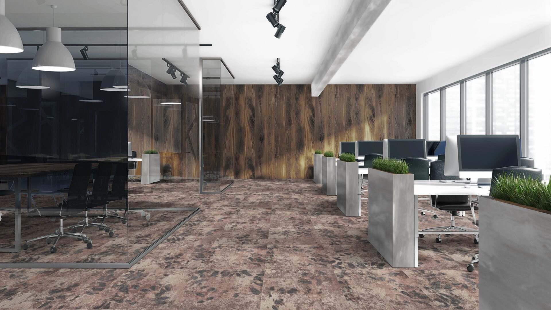 Kaasaegne avatud kontoripind klaasseinte ja taimedega