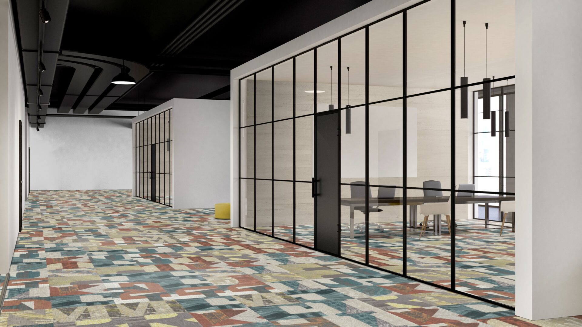 Moodne kontor klaasseinte ja erksate põrandatega.