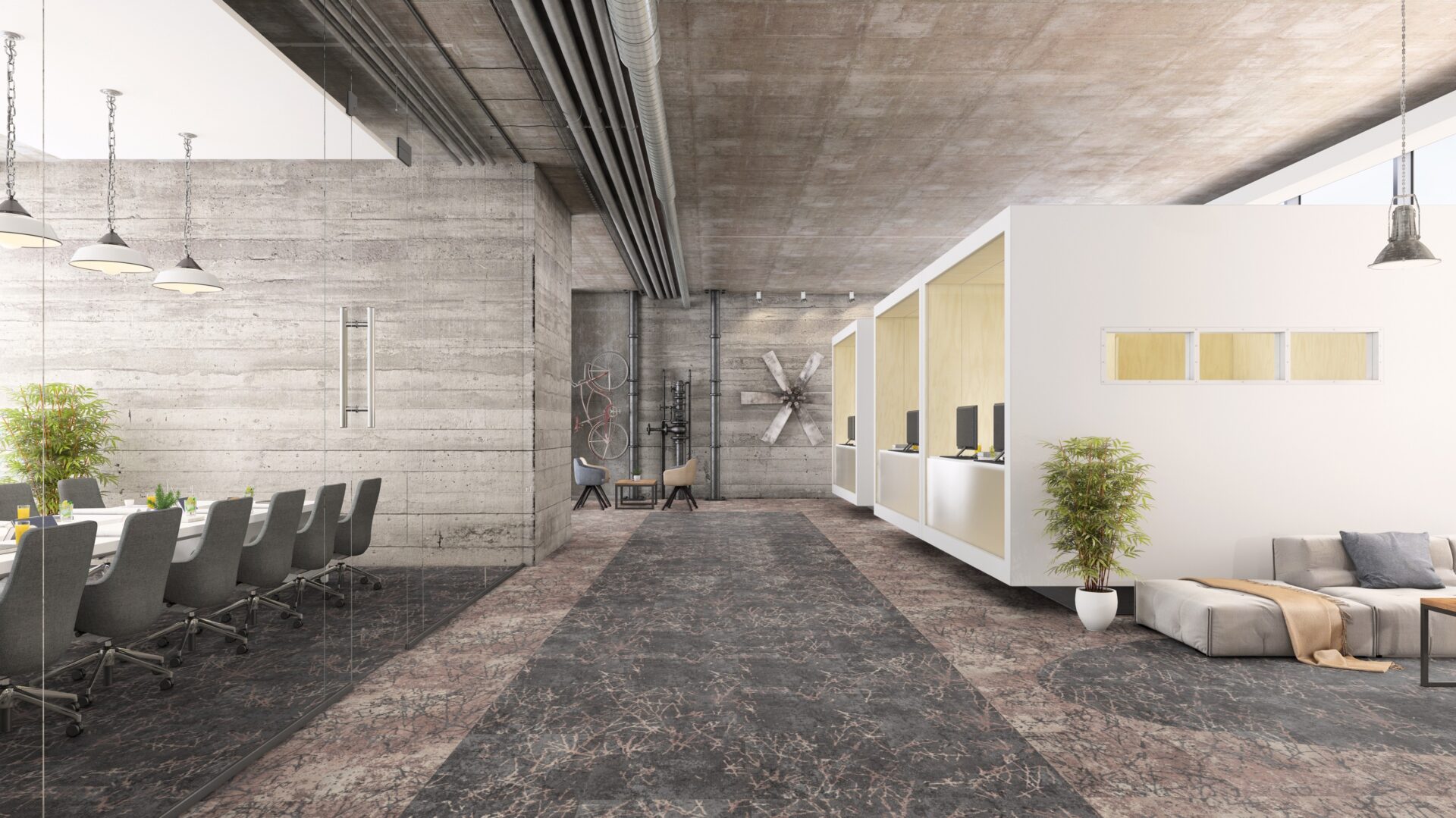 Kaasaegne kontorisisustus koos koosolekuruumiga