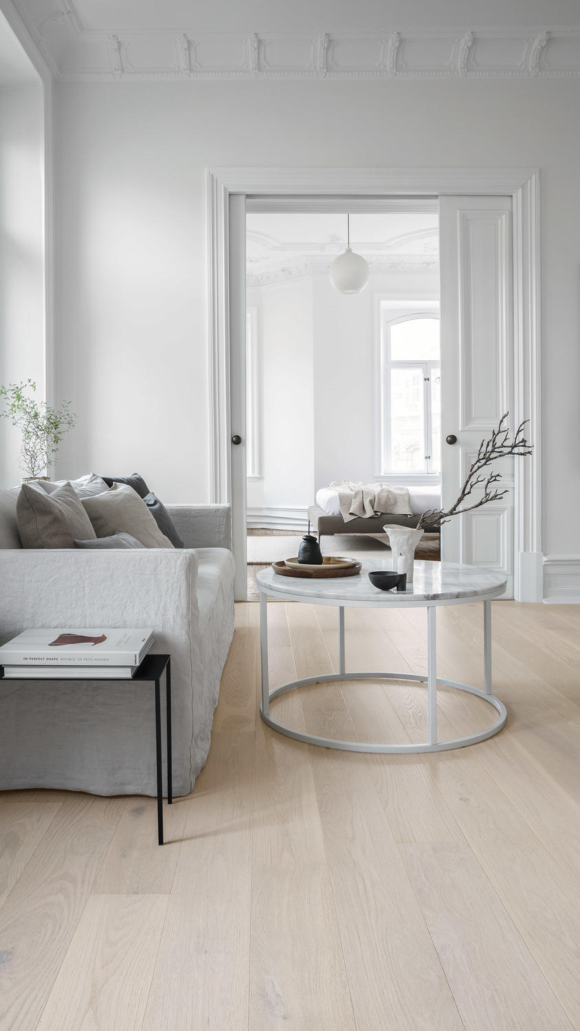 Skandinaavia stiilis elutuba heledate toonidega