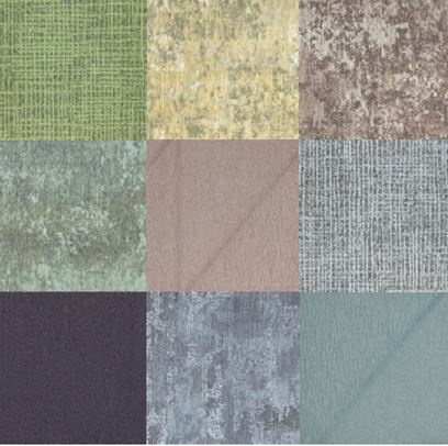 Üheksa erineva tekstuuriga värvilist kangast ruutu