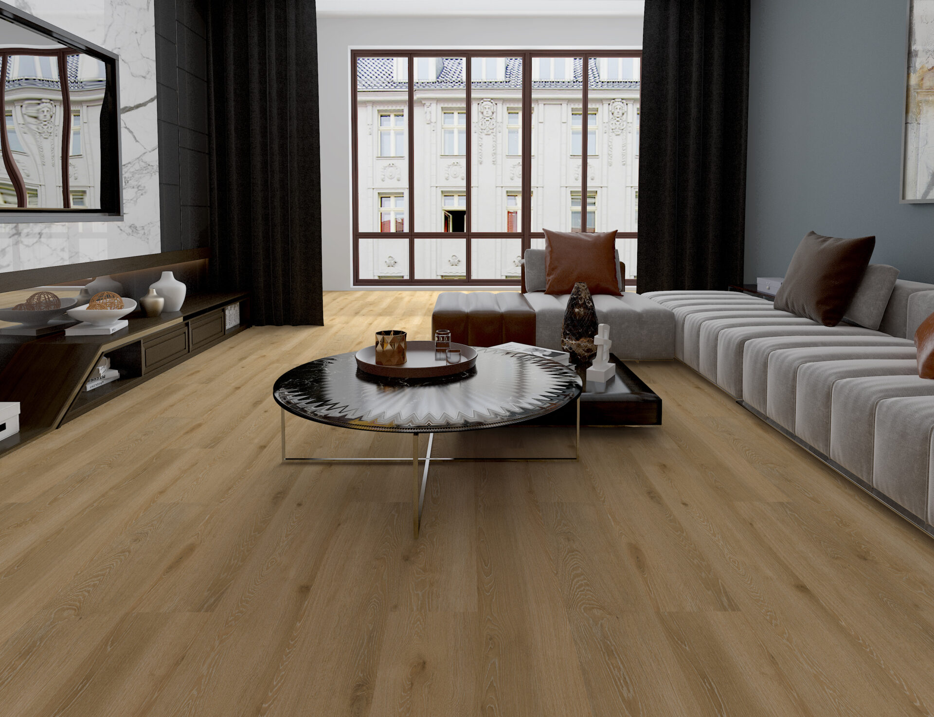 Kaasaegne elutuba puitpõrandate ja diivaniga.