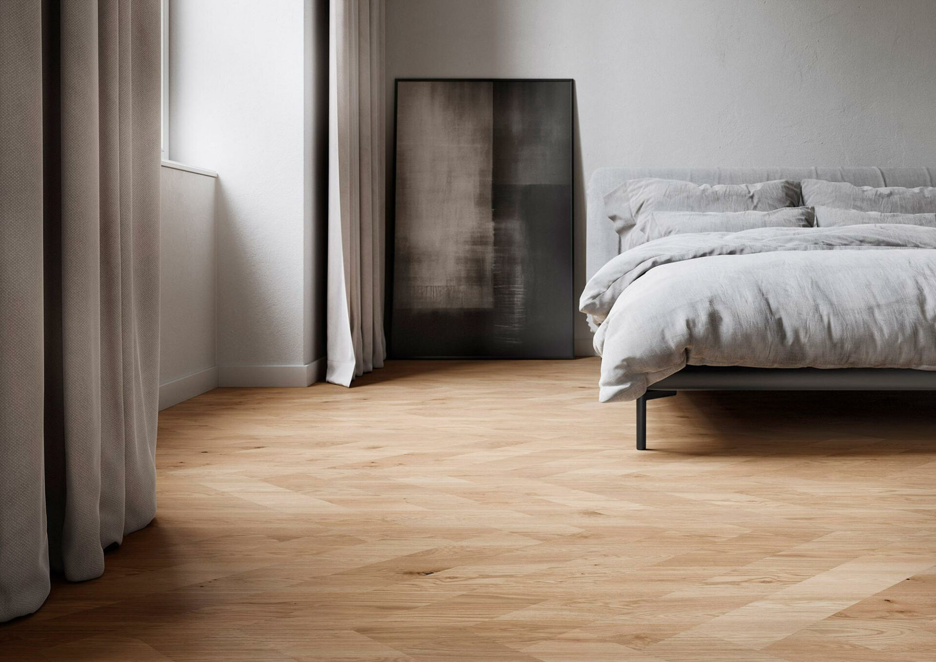 Stiilne magamistuba puitpõrandaga neutraalsetes toonides