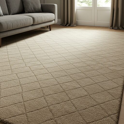 Ruuduline vaip kaasaegses elutoas diivani kõrval